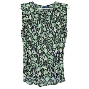Kari Blue Tunic Top Womens Size Large Black Green Floral Sleeveless Ruffle Trim